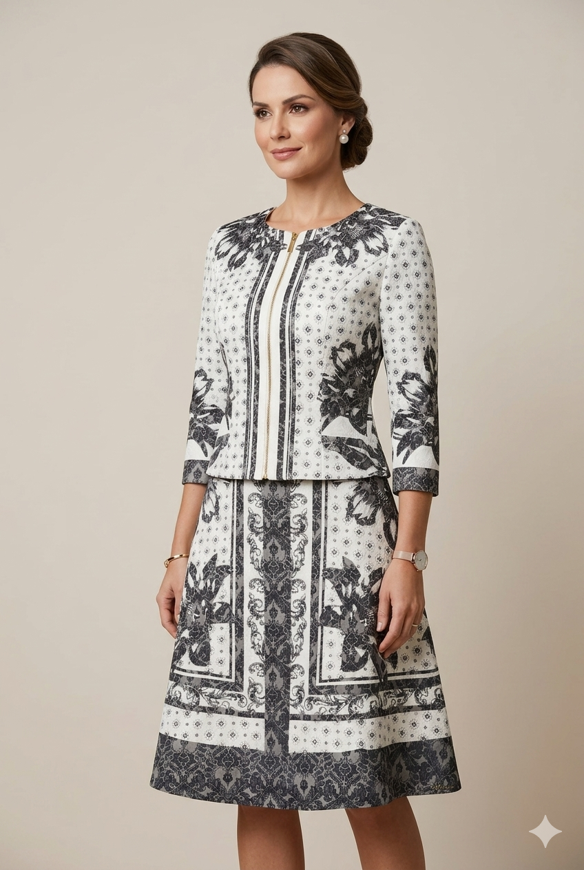 Conjunto Spencer e Saia em Jacquard Estampado Base Café