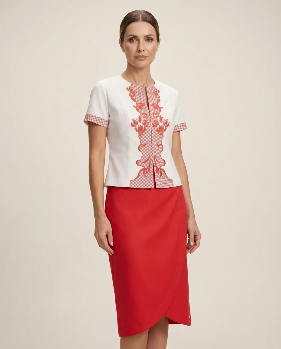 Conjunto Via Caruso Blusa Bordada e Saia Midi Vermelha