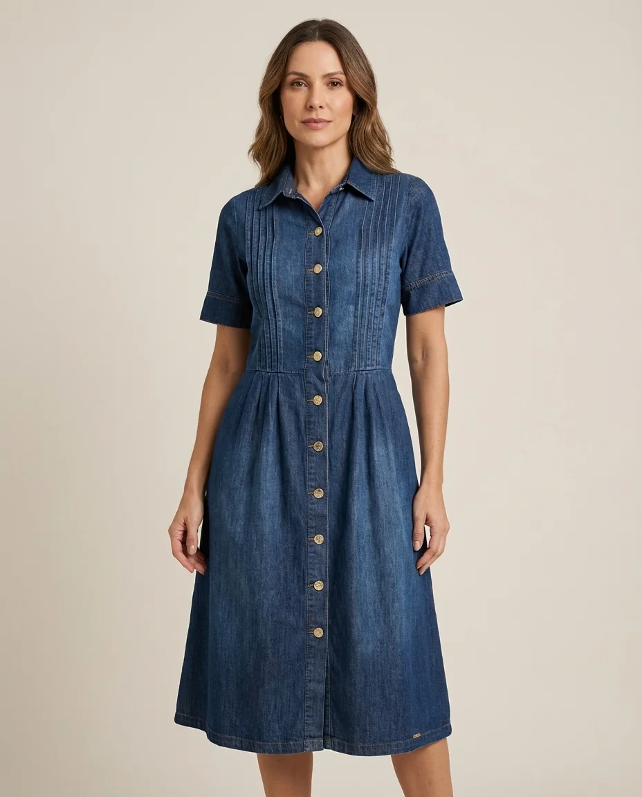 Vestido Chemise Jeans Midi com Pregas e Botões Dourados