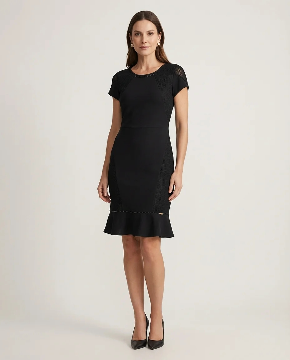 Vestido Tubinho Preto com Textura e Babado Via Caruso