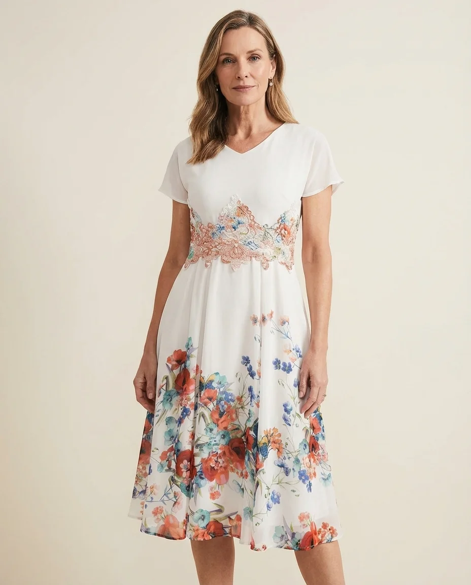 Vestido Midi Floral com Renda na Cintura Via Caruso