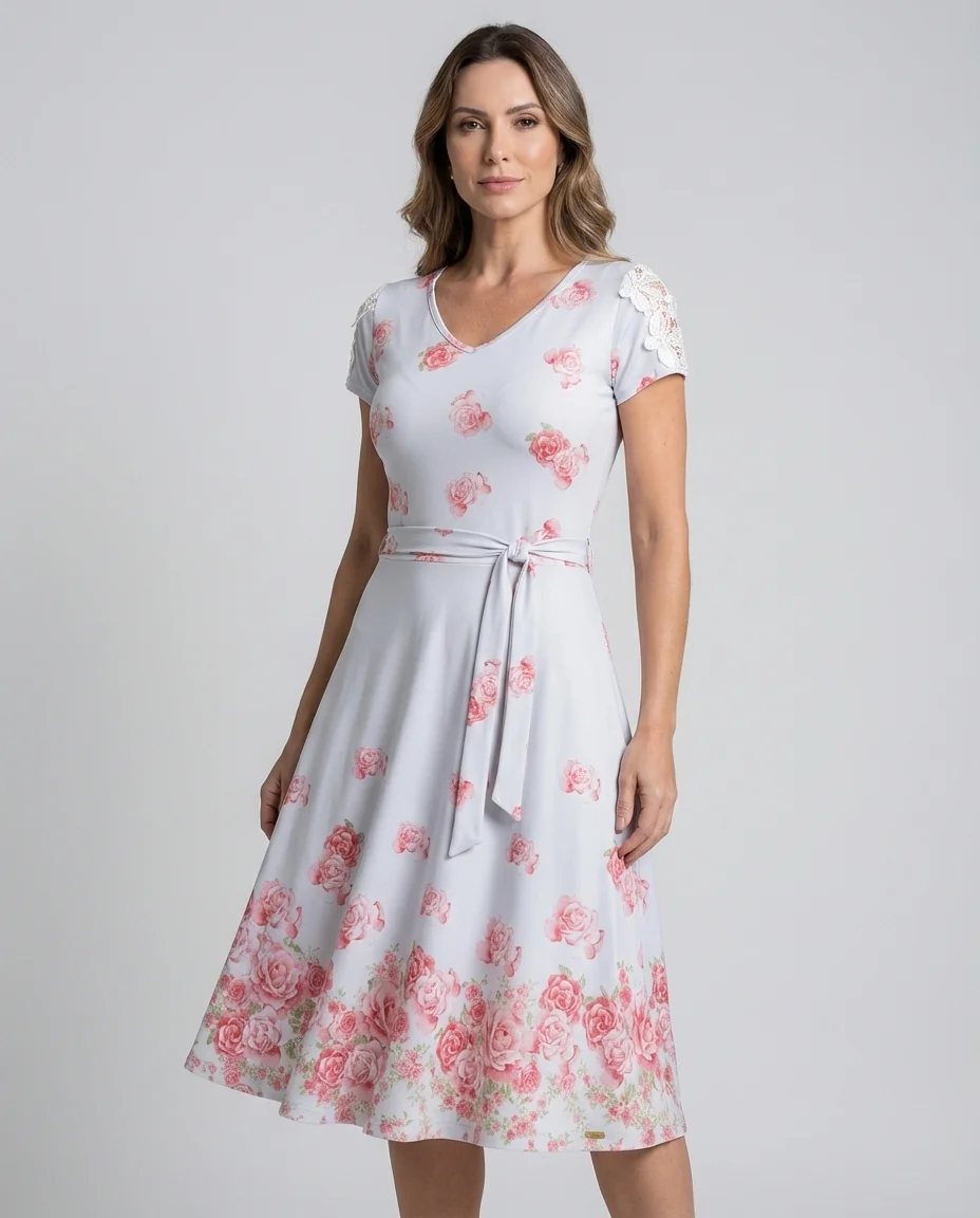 Vestido Midi Floral Rosas com Detalhe em Renda Hapuk