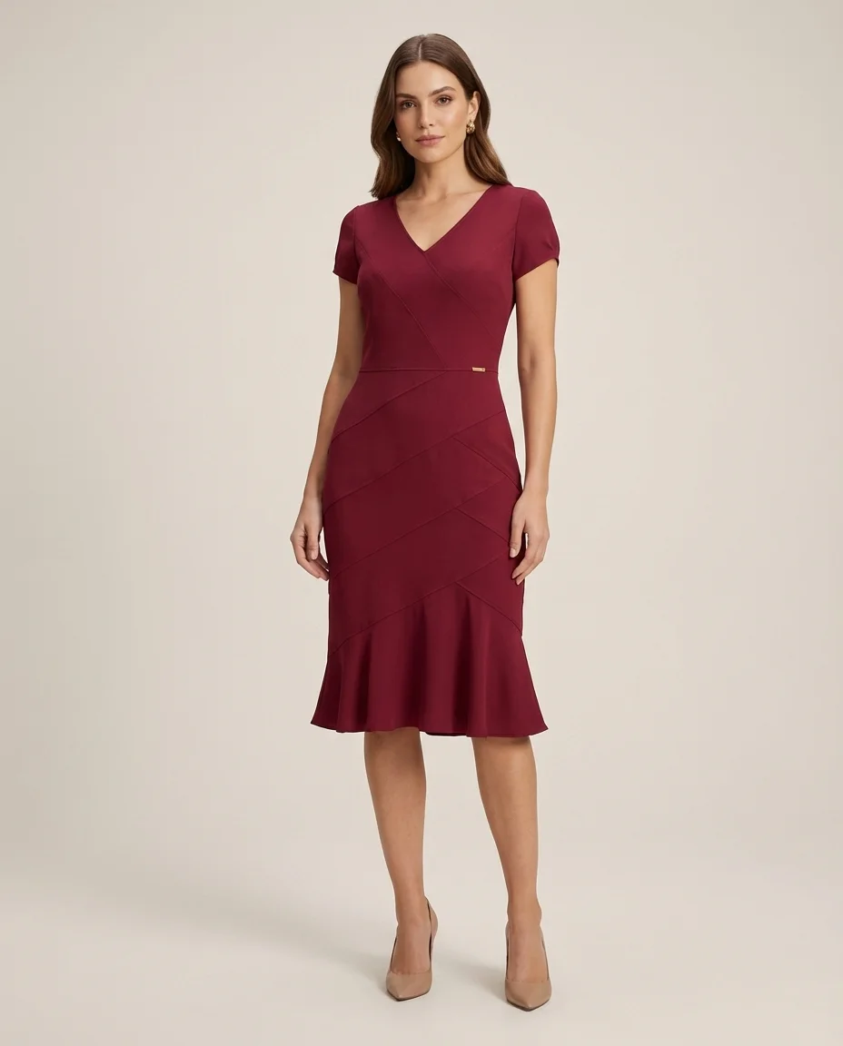 Vestido Midi Vinho com Recortes e Babado