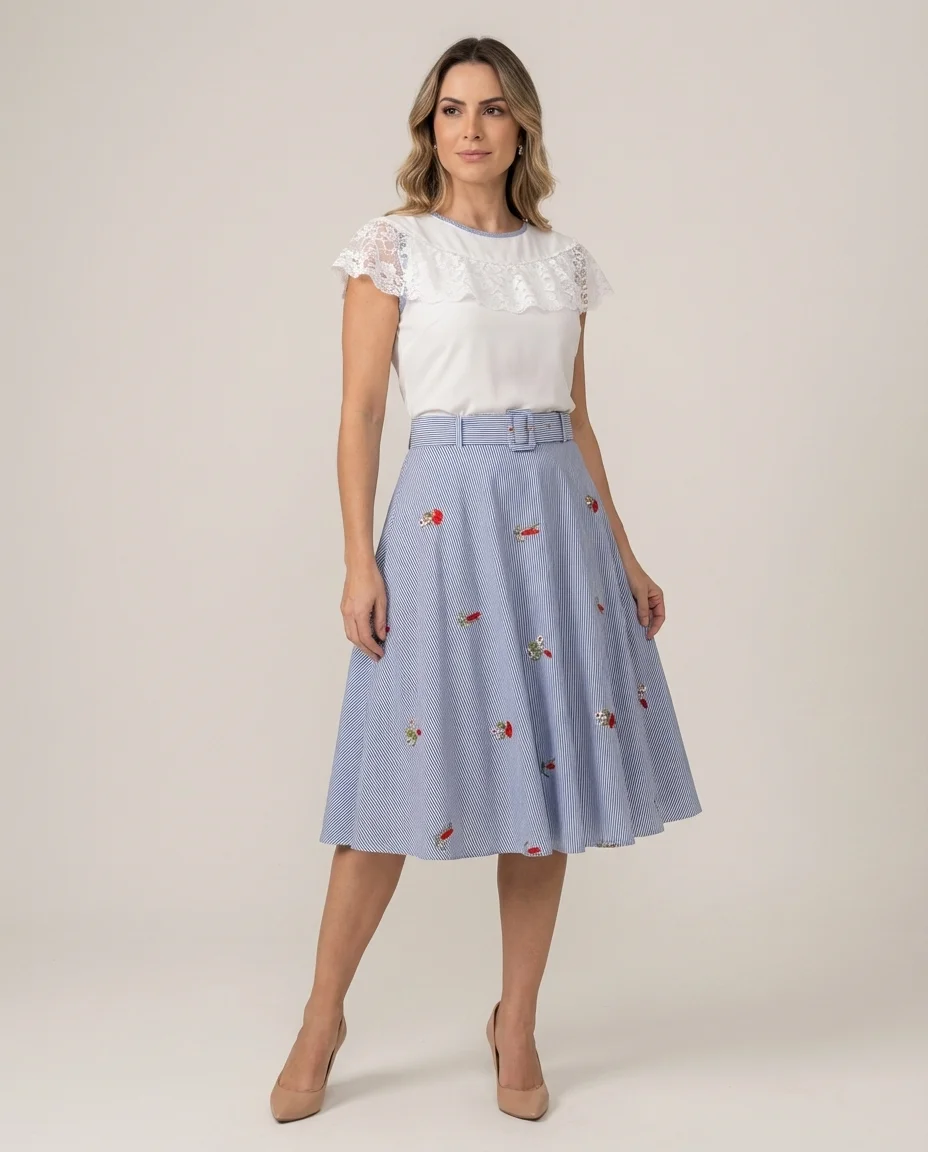 Conjunto Saia Godê Listrada e Blusa com Renda Fasciniu's