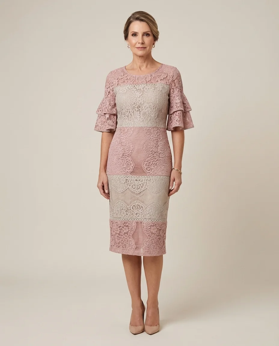 Vestido de Renda Bicolor Aryani com Mangas Flare
