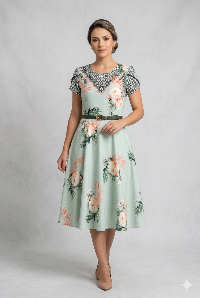 Vestido Midi Estampado com Cinto Verde Menta Via Tolentino